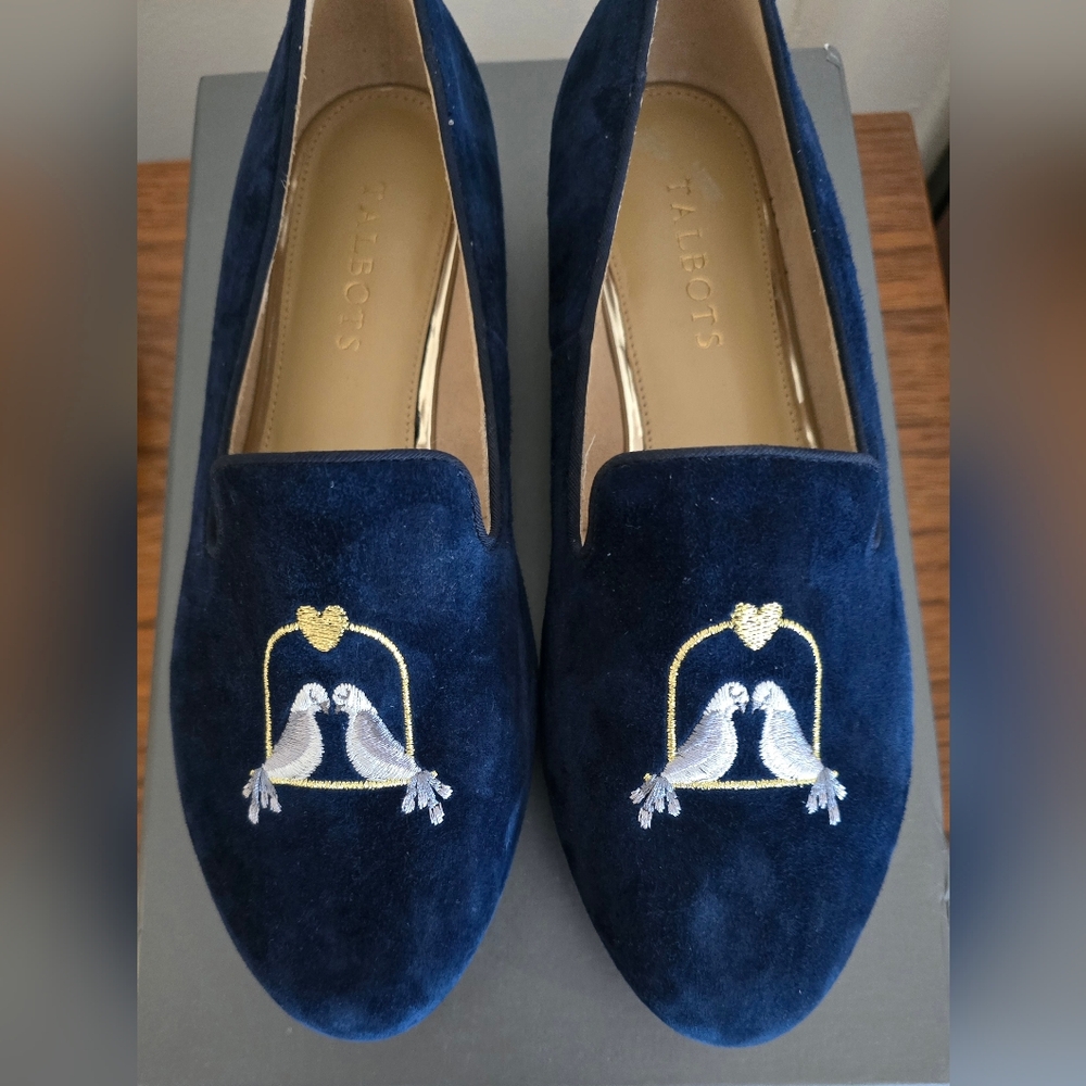 Talbots Dark Blue Loafers with Bird Embroidery